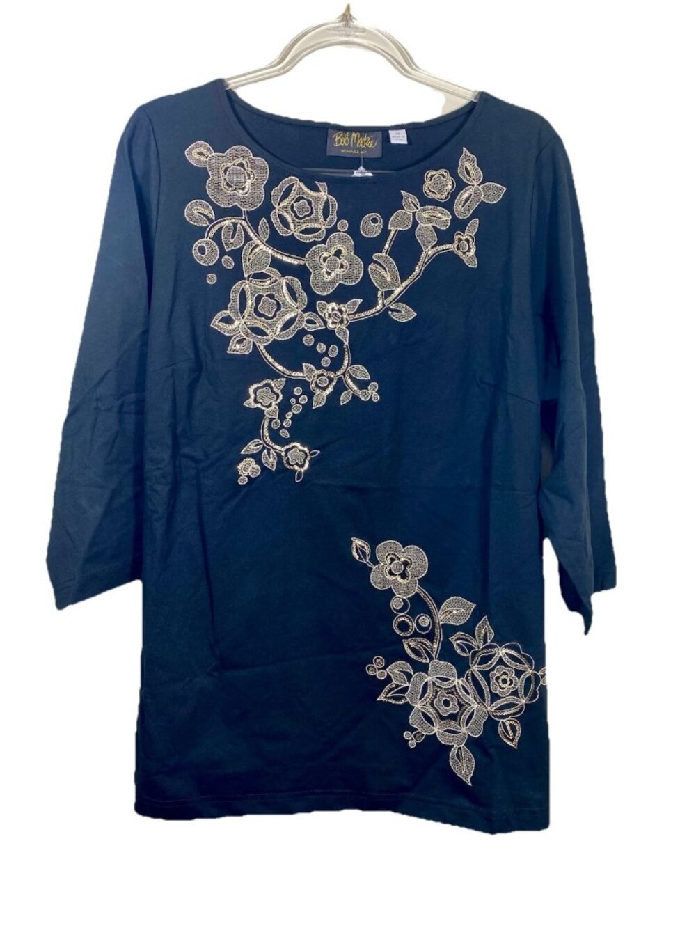 Bob Mackie Size 1X Wearable Art Black & Gold Sequin Floral Stretch Tunic Top NEW